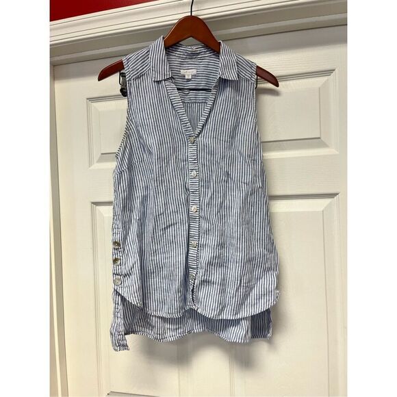 J. Jill Love Linen Blue & White stripe Side Button Sleeveless Button Down Shirt - Picture 1 of 5